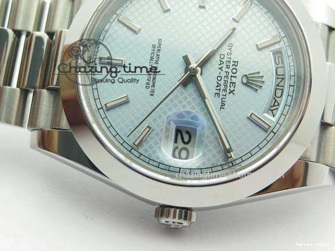 0112 DayDate 40mm BP-Maker 228206 SS Ice Blue Stick Dial (Smooth Bezel) On SS Bracelet ETA FreshLook 3913